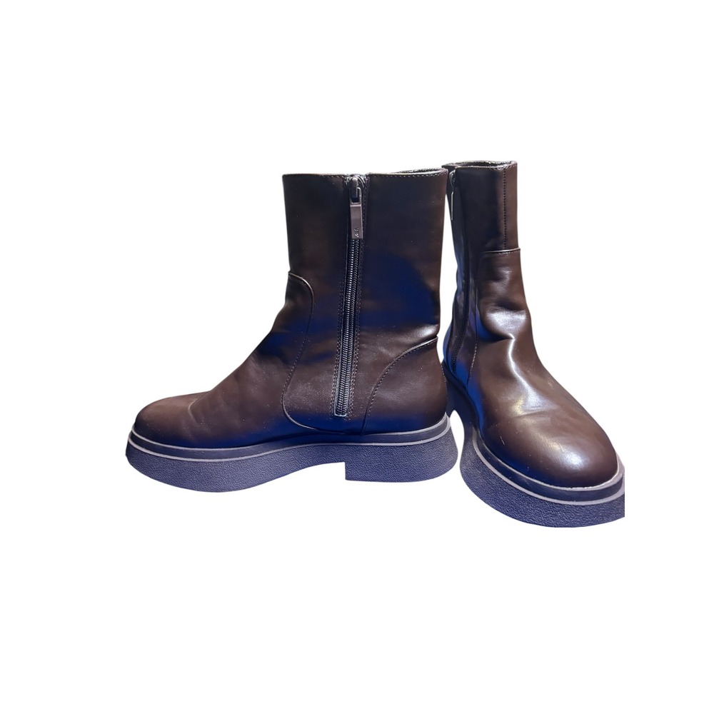 Zara Brown Platform Ankle Boots Side Zip Chunky Sole Mid Calf‎ Size 38